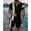 Comercio Transfronterizo Moda Tallas Grandes Cremallera Malla Camisa Polo Traje Impresión Digital 3D Ajustado Conjunto de Dos Piezas para Hombre