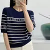 Camiseta de punto fina de estilo coreano a rayas para mujer, cuello redondo, estilo de verano 2026, nueva, versátil, a la moda, de lyocell