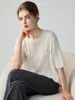 75% caxemira, 25% seda de amoreira! Suéter feminino de malha macia com mangas curtas, gola redonda e design trançado