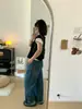 Jeans vintage de pierna recta azul lavado para mujer, corte relajado, cintura alta, adelgazantes, pierna ancha, pantalones de largo hasta el suelo