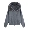 ZA AliExpress Venda Quente Roupas Femininas Europeias e Americanas Transfronteiriças Outono/Inverno Cardigã com Capuz em Tricô Waffle com Gola de Pelo