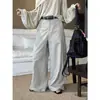Pantalones de Trabajo de Estilo Coreano Sencillos de Louvre con Bolsillos Grandes a Ambos Lados y Cinturón, Pantalones Largos de Corte Holgado para Mujer