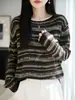 Patrón a rayas, estilo vintage, diseño atemporal, cuello redondo, lana de punto fino, manga larga, básico, efecto adelgazante, adecuado para primavera y otoño, uso diario