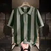 Camisa polo com zíper parcial e gola de lapela, camisa masculina de tricô vazada retrô de manga curta, camisa polo de marca moderna de alta qualidade
