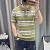 Nova polo de tricô masculina de verão, camiseta versátil casual listrada de seda gelada, cruzamento de fronteira, manga curta