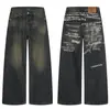 Jeans anchos de pierna recta lavados y desgastados con letras para hombre y mujer, sentido del diseño, holgados, casuales, rectos, largos, modernos