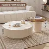 Mesa de Centro de Ardósia Cor Creme Estilo Francês Luxo Leve para Sala de Estar, Mesa de Centro Minimalista de Vidro para Apartamento Pequeno, Conjunto Combinado Redondo