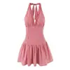 Moda Femenina Transfronteriza Otoño 2025 Nuevo Elegante y Estilizado Vestido Corto Ceñidor de Cintura Adelgazante Cuadros Rojos Vestido Halter sin Espalda
