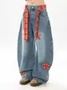 Cinturón de Parches Bordados de Estrellas Retro Americano Jeans para Hombres y Mujeres, Pantalones Rectos de Pierna Ancha de Corte Limpio y Holgado para Parejas