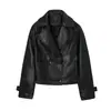 Chaqueta de cuero transfronteriza para mujer, estilo traje corto de doble botonadura, solapa grande, cintura alta, ajustada, petite, moto, PU, callejera europea y americana