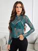 Blusa Transparente de Encaje para Mujer Manga Larga Cuello Alto Transparente con Encaje Floral