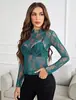Blusa de encaje para mujer, nueva, 2024, con cuello de manga larga, transparente, con perspectiva floral y encaje.. toma real