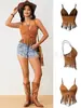 Top Cropped Feminino Europeu e Americano Transfronteiriço Y2K com Franjas Sem Mangas Alças Finas Couro Sintético Retro Hippie