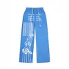 Pantalones deportivos para hombre con estampado de letras retro americano, azul marino, cintura elástica, corte holgado, pierna recta ancha