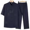 Conjunto de Camisa de Seda Gelada de Manga Curta Estilo Tang Masculino para Pais de Meia-Idade e Idosos, Camisa Casual Solta Estilo Chinês para Avô