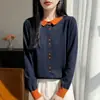 Cardigã de malha com gola polo color block estilo francês para mulheres, novo suéter casual espesso da moda e estiloso