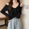 Primavera y Otoño 2022 Nuevo Top Francés de Hombros Descubiertos Plisado con Lazo Manga Larga Protector Solar Tejido para Mujer Estilo Corto