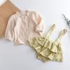 Lindo Traje de Escalada para Bebé Otoño Estilo Coreano Encaje Camisa de Manga Larga con Botones Color Sólido Sling Pantalones de Escalada Triangulares Traje de Una Pieza