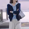 Cárdigan de punto con capucha estilo coreano de dos piezas falsas, colección de otoño, talla grande, diseñado para figuras curvilíneas, juvenil y favorecedor, corte holgado, manga larga