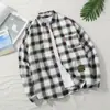 Nova Roupa Masculina de Primavera e Outono Solta Tamanho Grande Retrô Japonês Xadrez Manga Longa Roupa Externa Escovada Estilo de Hong Kong Top