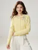 Cárdigan de Cachemir con Lazo 2026 Otoño/Invierno Nuevo para Mujer Cuello Redondo Pedrería Estampado en Caliente Capa Base Estilo Dulce Suéter