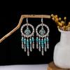 Pendientes Retro Étnicos Europeos y Americanos de Turquesa Azul con Diseño de Anillo Hueco, Colgantes de Borla Floral de Gama Alta, Pendientes Exagerados de Gota de Agua