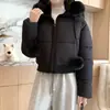Abrigo corto de algodón de invierno con cuello grande de pelo y capucha para mujer, de cintura alta con dobladillo elástico, chaqueta de algodón dulce y gruesa para mujeres petite