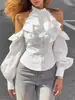 Blusa de gola alta franzida estilo court camisa retro francesa ombro a ombro manga bufante estilo preguiçoso cintura marcada top modelador
