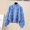 Suéter de punto trenzado para mujer, con cuello redondo y mangas tipo linterna, con un diseño relajado y elegante, de la nueva colección otoño/invierno, estilo coreano, corte holgado y una textura gruesa de punto trenzado
