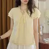 Camisa Moriir Amarela Gola V com Cadarço Manga Dupla para Mulheres Verão Retrô Francês Elegante Elegante Aparência Emagrecedora Top