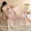 Juego de Colcha de Verano de 4 Piezas Estilo Bosque Femenino 60S Tencel, Sábana, Cubre Cama, Fresco y Sedoso, Borde Floral Fresco, Colcha de Aire Acondicionado