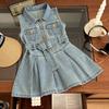Vestido Sem Manga para Meninas 2026 Novo Estiloso Vestido Jeans de Verão Infantil Vestido Colete Jeans Macio para Menininha Tendência