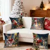 Funda de Almohada Estampada de Reno y Muñeco de Nieve Navideño Set Azul de Cuatro Piezas Funda de Cojín de Atmósfera para Sofá de Sala de Estar Navideña Respaldo