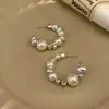 Pendientes de Aro Grandes Geométricos Plateados Triturados con Perlas, Diseño Único, Moda Elegante Estilo Minimalista, Pendientes de Gama Alta para Mujer