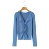 Top de Lana Mezclada de Nuevo Estilo para Mujer Tallas Grandes para Viajar 9446 Cuello Solapa con Bordes de Oreja Fruncidos Cintura Ceñida Tejido de Punto