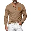 Camisa Henley de pana tejida transfronteriza para hombre 2026, tres botones, media tapeta, bloques de color, bolsillo de parche, manga larga