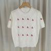 Nuevo Verano Chica Caliente Reductor de Edad Bordado de Cereza Tejido Acolchado Camiseta de Manga Corta para Mujer Cuello Redondo Dulce Top Corto
