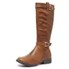 Fivela de Cinto Novo Estilo Botas Femininas Versátil Cano Alto Salto Médio Bico Redondo Confortável Botas de Equitação 2026 Outono e Inverno Transfronteiriço Tamanho Grande