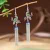 Brinco Feminino King Cervo Dourado Prata S925 Esmalte Cloisonné Vintage com Borla Longa e Incrustação de Jade Pássaro Vermelho do Sul