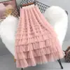 Falda de malla de alta calidad para mujer, primavera y verano 2024, nueva falda de pastel de capas de cintura alta, falda larga de hilo de hada