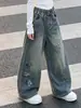 Calça Jeans Wide Leg Feminina 2026 Outono Novo Estilo Estampada Solta Longa Crianças Pequenas e Grandes Meninas Estilo Coreano Casual Tendência Outono