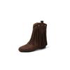 Botas Western com Franjas Grátis Outono e Inverno 2024 Couro de Vaca Salto Médio Rebite Bico Redondo Altura Interna Botas Femininas