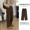 Jeans Feminino Marrom Estreito Não Acolchoado Perna Larga Outono e Inverno 2024 Novo Marrom Retrô Cintura Alta Calça Reta Solta