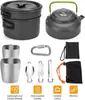 Um conjunto de 12 peças de utensílios de cozinha para camping, incluindo panelas, frigideiras e um fogareiro portátil, ideal para trilhas, piqueniques e atividades ao ar livre. Vem com um copo, garfo, colher e faca. Cor: cinza.