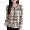 Cárdigan de Punto Fino a Rayas Finas con Bloques de Color Estilo Coreano Cuello Redondo 2026 Nuevas Llegadas de Otoño Chaqueta Versátil para Mujeres Menudas Top