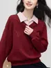 Camisa Falsa de Duas Peças Lucky Fortune com Gola Reversível e Patchwork de Moletom Vermelho para Mulheres, Nova Coleção Primavera 2026