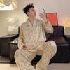 Pijama de Seda de Hielo 2026 para Hombre Primavera y Otoño Delgado Seda Manga Larga Jacquard de Seda de Hielo Tallas Grandes Conjunto