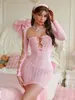 Yuedie Comércio Exterior Europeu e Americano Lingerie Erótica Doce e Sexy Vestido de Renda Feminino de Manga Longa Peça Única com Saia que Cobre o Quadril e Design Vazado Yd25511