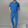 Conjunto de Dos Piezas para Hombre de Verano 2026 Nuevo Estilo Europeo y Americano, Color Sólido, Tejido Waffle, Cuello Solapa, Media Cremallera, Pantalones Largos