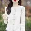 Cardigan de malha feminino 24 primavera novo, gola redonda torcida, cor sólida, lã pura, com botão, solto, casual, para o dia a dia